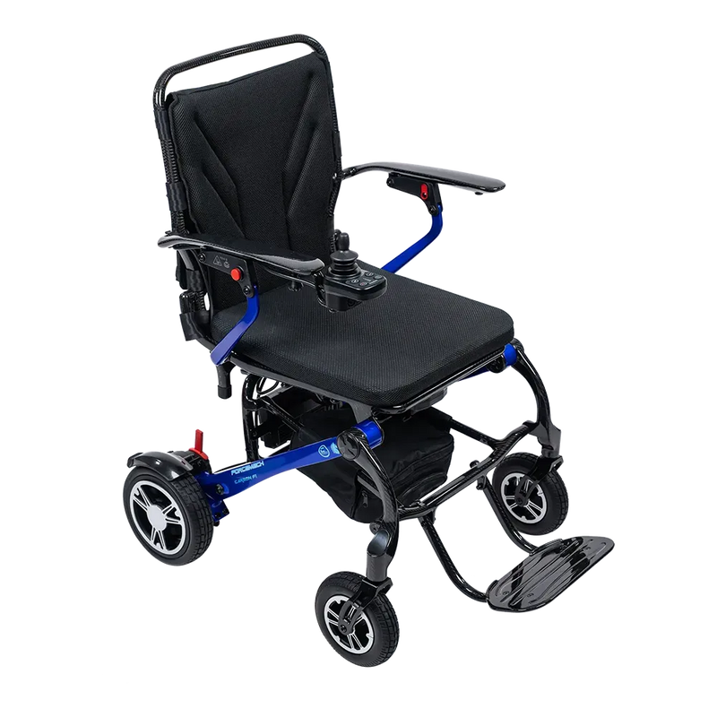 A black and blue electric power wheelchair with a high backrest, armrests, three wheels, and a footrest, shown on a plain white background.