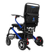 A PowerSair electric wheelchair with a black fabric seat and backrest, blue metal frame, and black wheels, shown from a three-quarters angle on a white background.