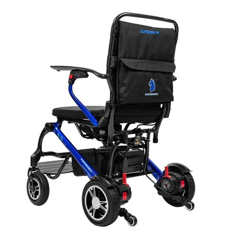 A PowerSair electric wheelchair with a black fabric seat and backrest, blue metal frame, and black wheels, shown from a three-quarters angle on a white background.