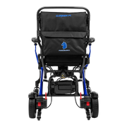 Rear view of a electric wheelchair with a black fabric seat cover, blue frame accents, and black wheels on a white background.