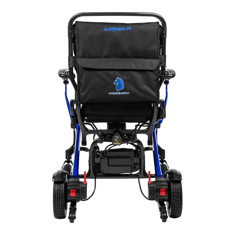 Rear view of a electric wheelchair with a black fabric seat cover, blue frame accents, and black wheels on a white background.