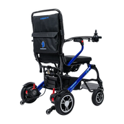 An electric wheelchair with a black fabric seat and backrest, blue metal frame, and black wheels, shown from a three-quarter angle on a white background.