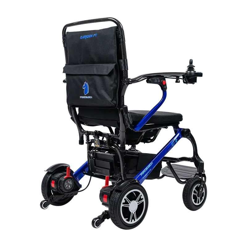 An electric wheelchair with a black fabric seat and backrest, blue metal frame, and black wheels, shown from a three-quarter angle on a white background.