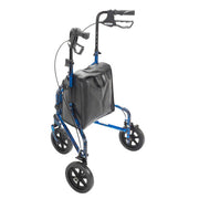Blue and black walker with a bag on a white background