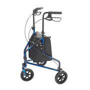 Rollator with blue frame and black wheels on a white background
