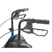 Bicycle handlebar with black grips and blue frame on a white background