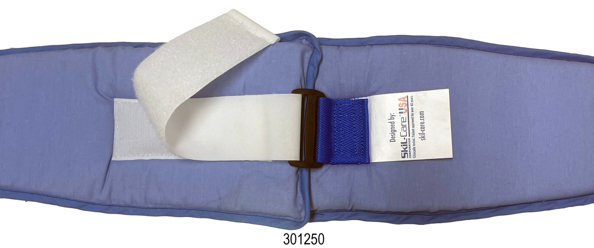 Blue waist support belt with white straps on a white background
