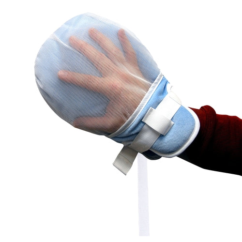 Hand wearing a blue mesh glove with a white strap on a white background