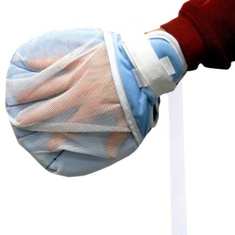 Hand wearing a blue mesh glove with a white strap on a white background