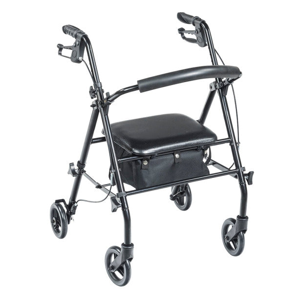 Black rollator with wheels and a seat on a white background