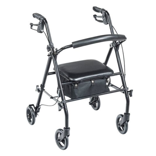 Black rollator with wheels and a seat on a white background