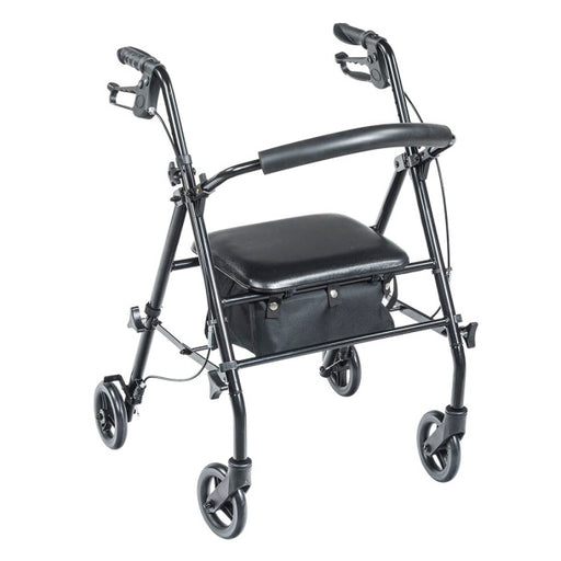 Black rollator with wheels and a seat on a white background