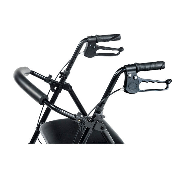Close-up of a black bicycle handlebar and front basket on a white background
