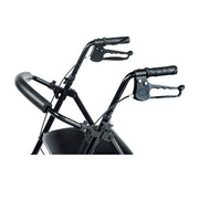 Close-up of a black bicycle handlebar and front basket on a white background