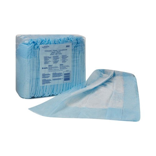 Pack of blue disposable underpads with a single pad on a white background