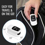 Finger pulse oximeter being placed into a bag with text 'Easy for travel & on the go!' and product dimensions.