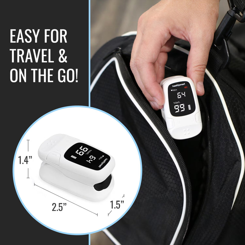 Finger pulse oximeter being placed into a bag with text 'Easy for travel & on the go!' and product dimensions.