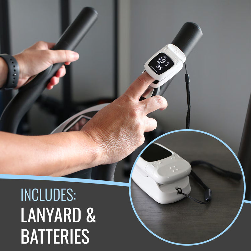 Hand holding a device with a digital display, connected to a steering wheel, with text 'Includes: Lanyard & Batteries'.