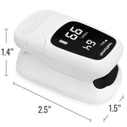 Finger pulse oximeter with digital display on a white background, showing measurements.