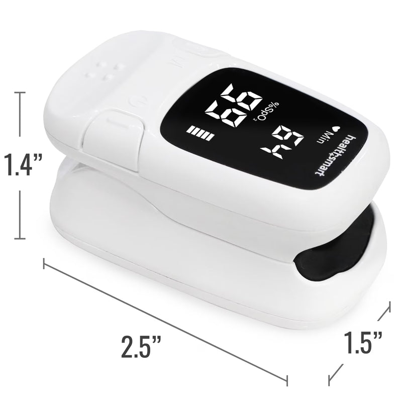 Finger pulse oximeter with digital display on a white background, showing measurements.