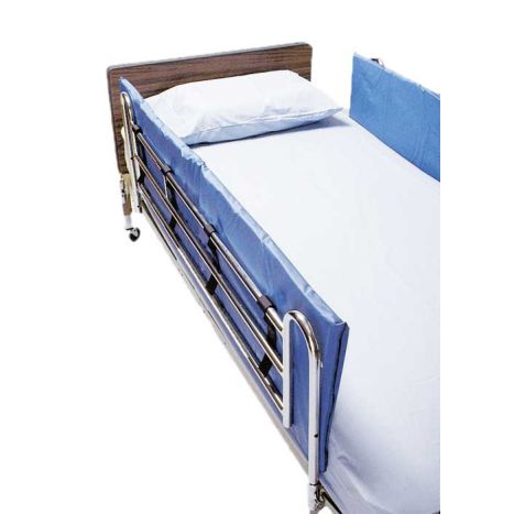 Hospital bed with blue side rail and white mattress on a white background