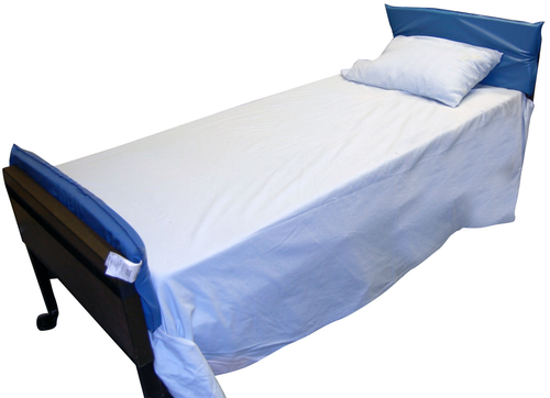 Bed with white mattress cover and blue cushion headboard on a white background