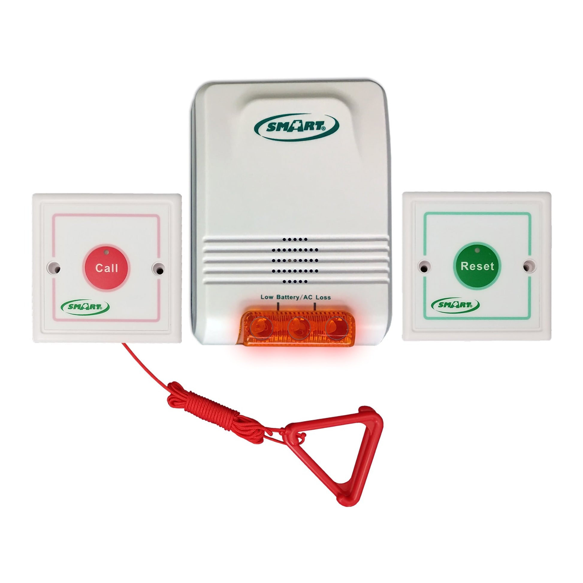 Set of emergency call devices with a central control panel and two call buttons on a white background.