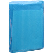 A rectangular blue sheet or pad of tissue-like material wrapped in clear plastic on a plain white background.