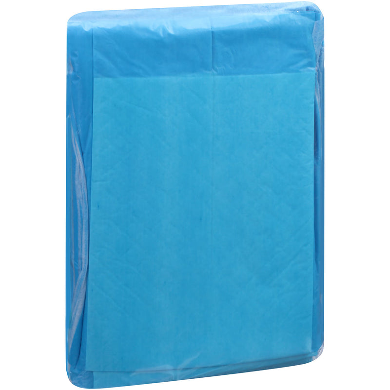 A rectangular blue sheet or pad of tissue-like material wrapped in clear plastic on a plain white background.