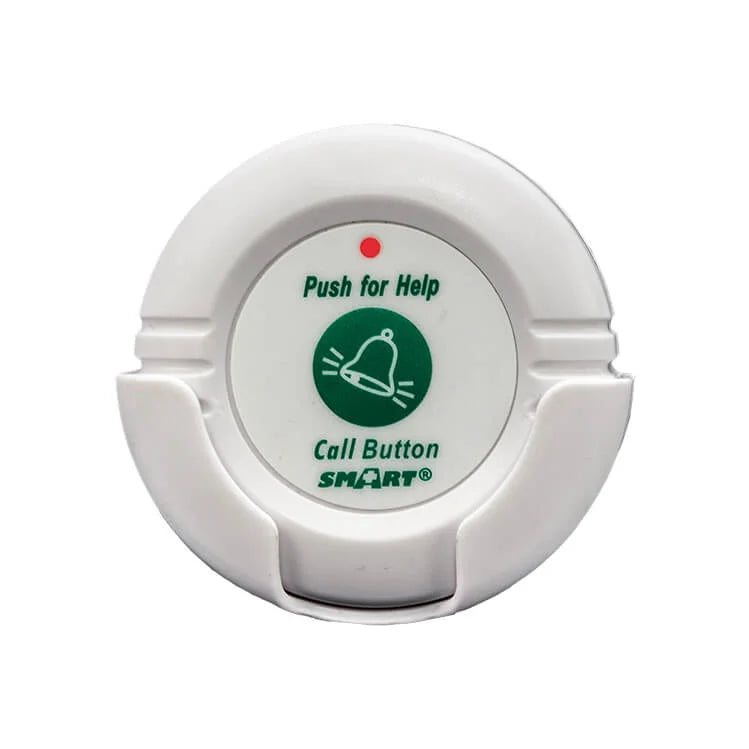 White call button with 'Push for Help' text and green accent on a white background