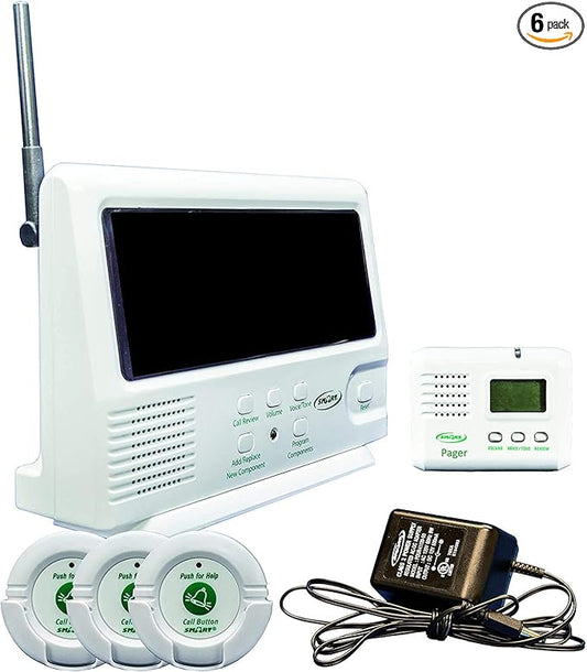 Home security system with monitor, pagers, and battery pack on a white background