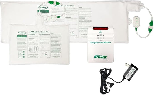 Caregiver alert monitor with sensor pad and power adapter on a white background