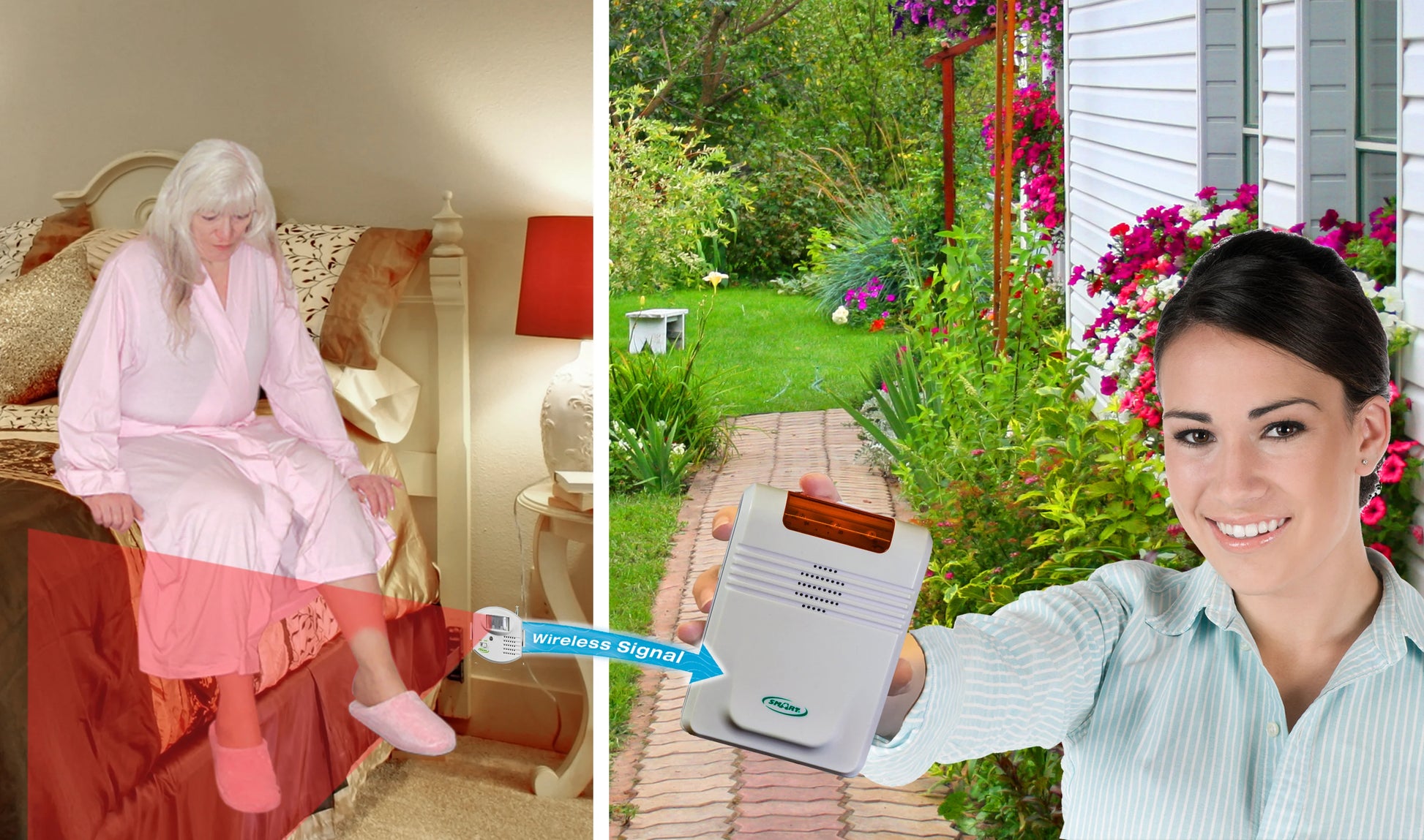 Three images: a woman in a pink robe, a garden scene with a house, and a woman holding a device.