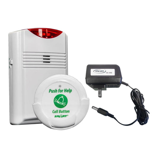 Call button system with red indicator light, white base, and power adapter on a white background
