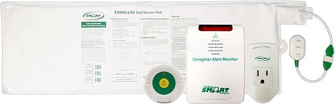 Caregiver alert monitor with packaging on a white background