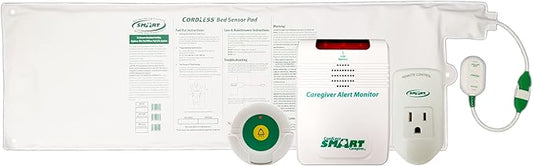 Caregiver alert monitor with packaging on a white background