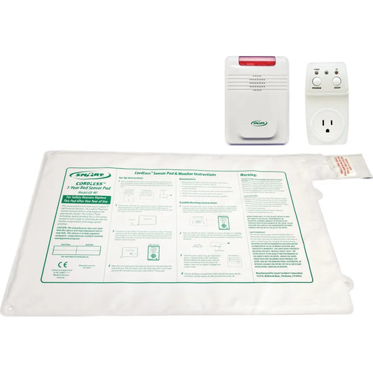 Set of home security devices including a sensor pad, receiver, and transmitter on a white background.