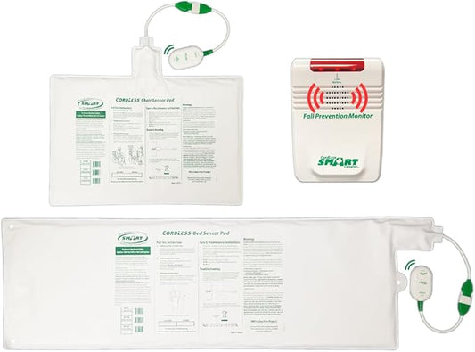 Fall prevention monitor system with sensor pad and monitor on a white background