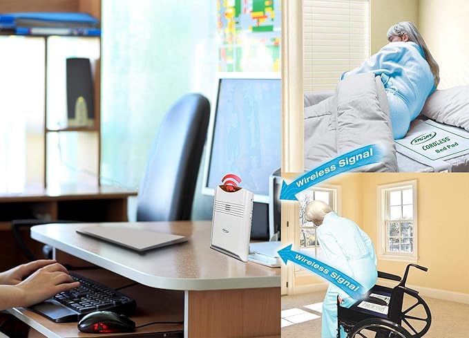 Person using a computer with a wireless signal booster in an office setting