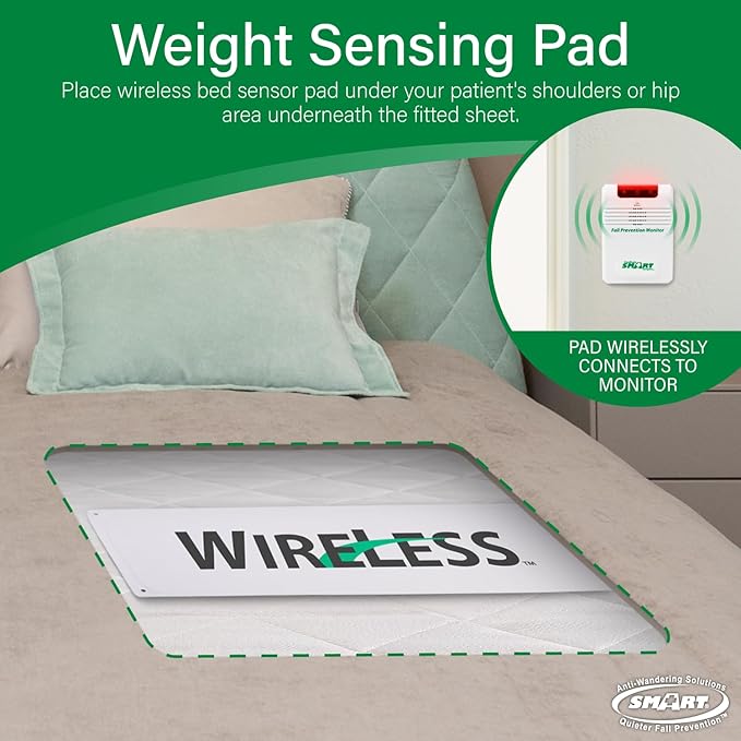 Weight sensing pad for monitoring patients on a bed with green accent