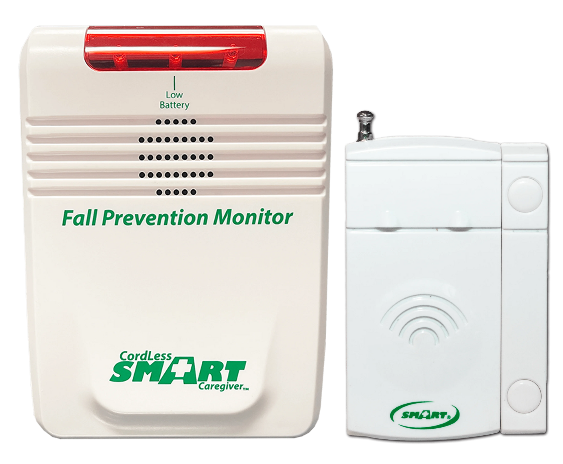 Fall prevention monitor with a remote control on a white background