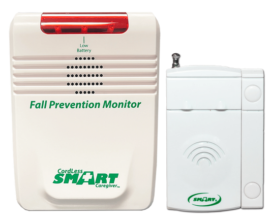 Fall prevention monitor with a remote control on a white background