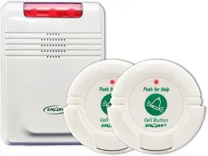 Two emergency call buttons with a remote control device on a white background