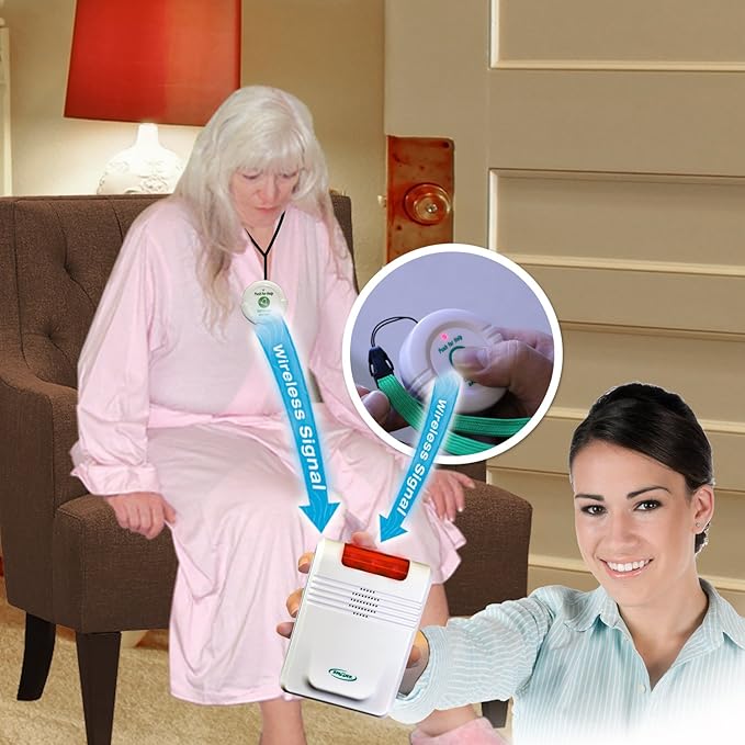 Woman holding a device with a close-up inset, sitting in a room.