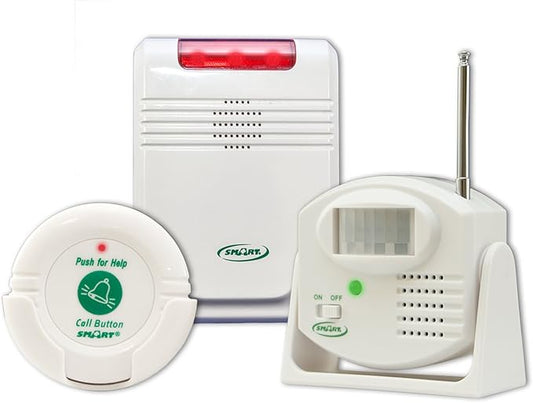 Home security system with a control panel, sensor, and help button on a white background