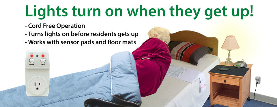 Advertisement for a cord-free lighting system with a person in bed and text highlighting features.