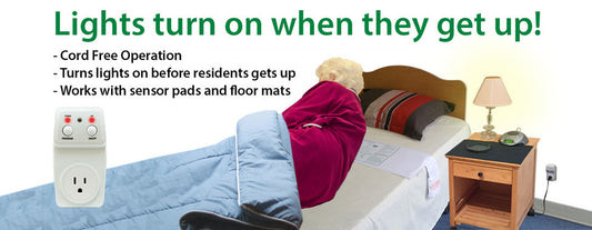 Advertisement for a cord-free lighting system with a person in bed and text highlighting features.