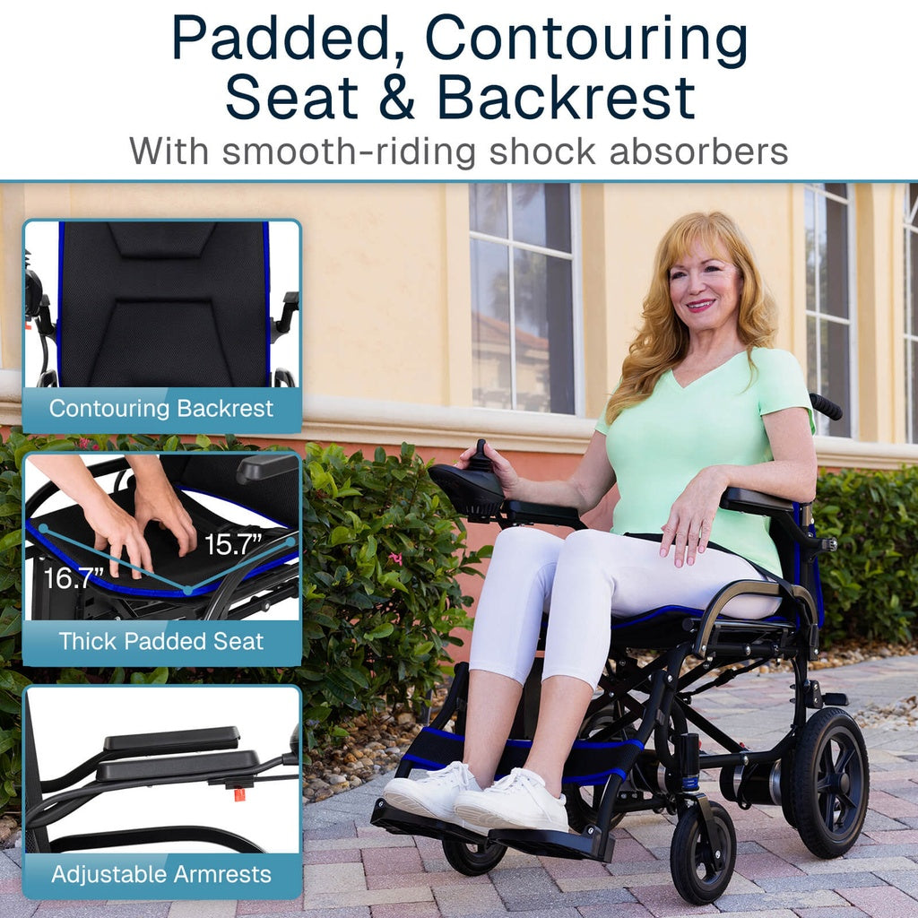 Woman using a wheelchair with highlighted features like a padded seat and backrest, smooth-riding shock absorbers, and adjustable armrests.