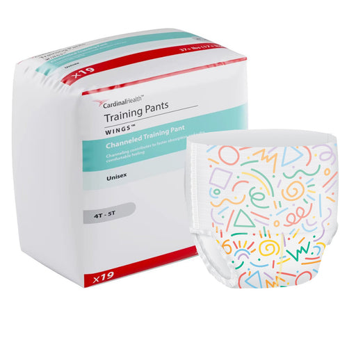 Box of Cardinal Health training pants with a sample unit featuring colorful geometric patterns on a white background.