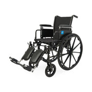 A black manual wheelchair with adjustable footrests and a padded black seat and backrest, photographed on a clean white background.